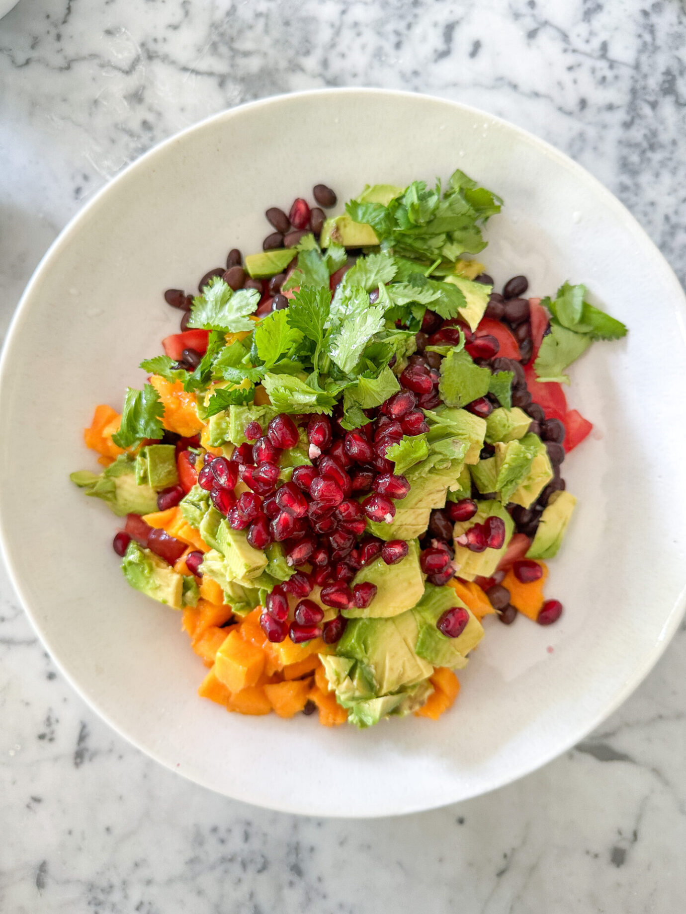 Assembling vegan black bean salsa dip with mango, pomegranate and avocado.