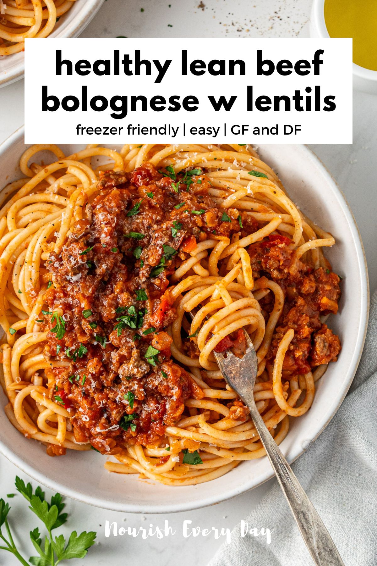 Everyday Lean Beef Bolognese with Red Lentils - a healthy and freezer friendly pasta sauce recipe.