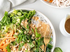 Healthy Noodle Bowls with vermicelli noodles, vegetables, fresh herbs and peanut butter sauce spread on top | Nourish Every Day